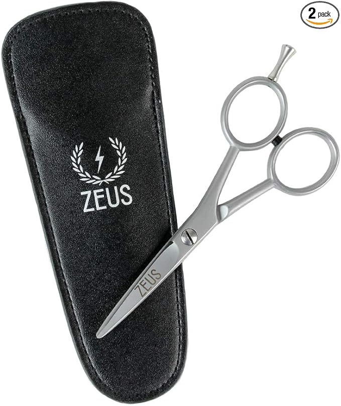 ZEUS Stainless Steel Beard Trimming Scissors with Leather Case, Facial Hair Clipping Tool for Barber Quality Beard & Mustache Trim (Made In Germany)
