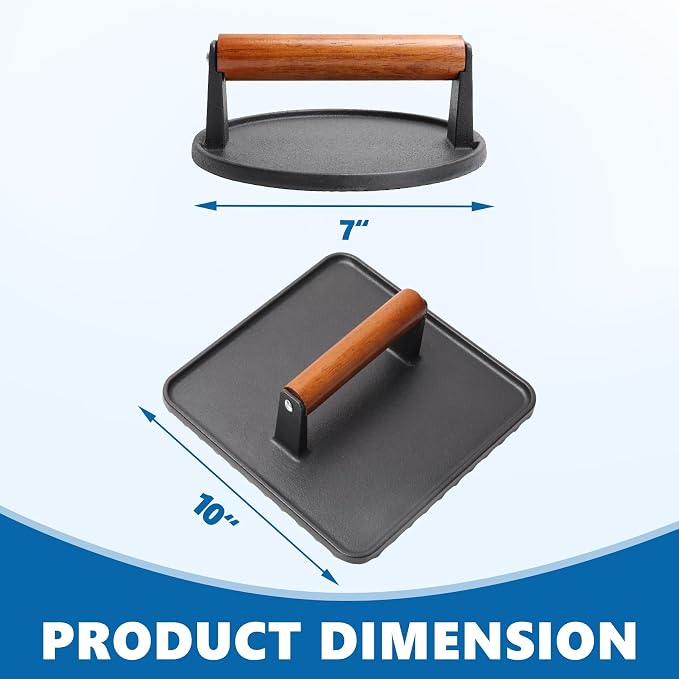 SafBbcue 10" Square Bacon Press & 7" Round Meat Press, Heavy Duty Cast Iron Griddle Press Smash Burger Press Compatible with Blackstone Flat Top Griddle Grills