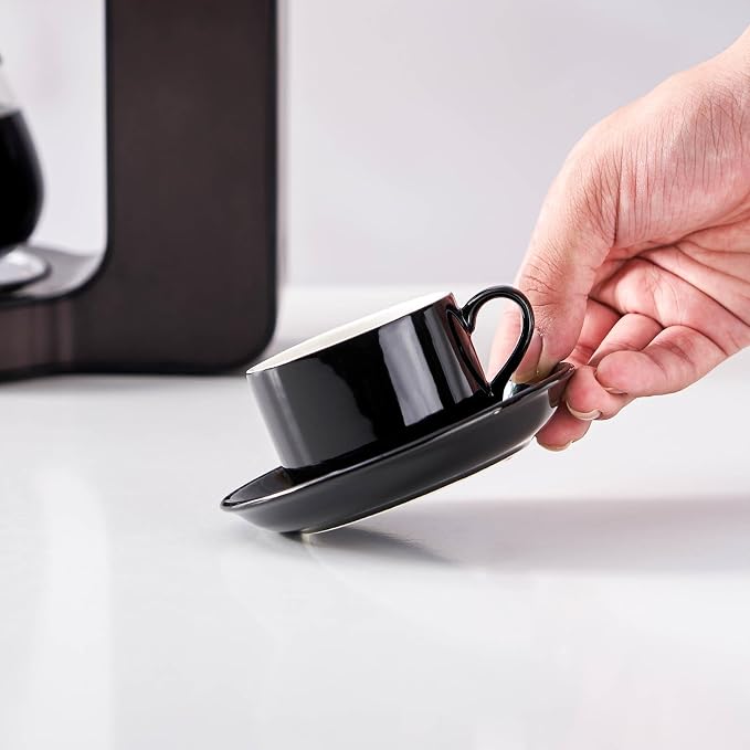 Cappuccino Cups Set of 4, 8oz Stackable Coffee Cups Set with Saucers and Metal Stand, Black Coffee Mugs and Saucers for Cappuccino, Latte, Americano and Tea