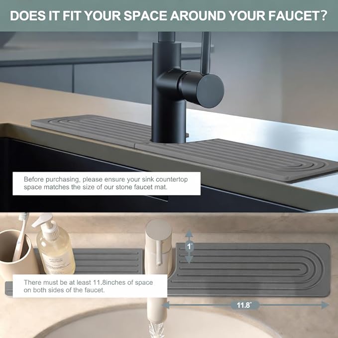 Meiliweser Faucet Mat for Kitchen Sink, Diatomite Quick Drying Stone Mat & Sink Protector, 23.6" x 4" Kitchen Sink Splash Guard, Absorbing Stone Tray for Bathroom Counter (Dark Gray)