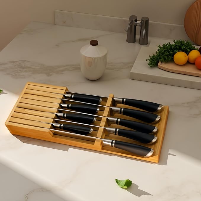 Bamboo Knife Drawer Storage Organizer Insert | 9-Slot Kitchen Knife Block with Anti-Slip Design| Space-Saving Kitchen Storage (16.55"x6.05"x2.05")