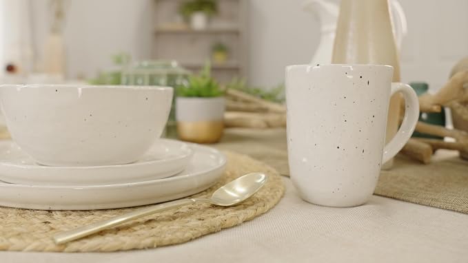 Elanze Designs Shiny Speckled Western Country Style Ceramic Plates Bowls Mugs Dinnerware 16 Piece Set - Service for 4, White