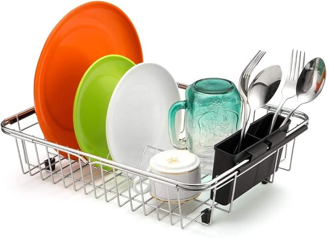 SANNO Expandable Dish Drying Rack Over The Sink Dish Drainer Suction Cups Shower Caddy Soap Dish Holder