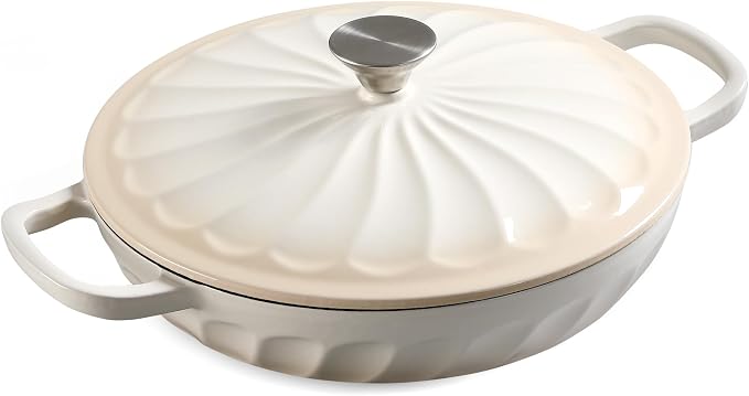 Enameled Cast Iron Dutch Oven, 3.8 Quart Dutch Oven Pot with Lid, Shallow Cast Iron Braiser with Handles, Oven Safe up to 500°F (Caramel White)