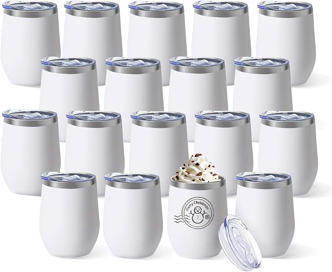 YOUKE OLA 18 Pack Stainless Steel Wine Tumbler with lid, 12oz Insulated Powder Coated Wine Tumbler Stemless Double Wall Vacuum Wine Glass Coffee Tumbler Bulk for Laser Engrave, DIY Gift, White