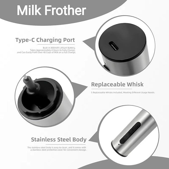 Rechargeable Milk Frother Wand with 3 Independent Speed Buttons, Handheld Electric Whisk with 5 Attachments for Coffee, Lattes, Matcha, Kitchen Gift, Stainless Steel Silver