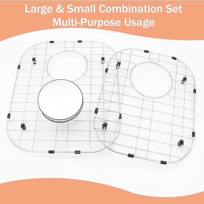 Large & Small Combination Sink Protectors - 304 Stainless Steel Draining Grid & Dish Rack, Offset Hole, Large(13 3/16 x 16 11/32) + Small(11 27/64 x 14 49/64)