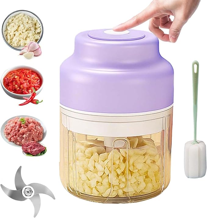 Electric Garlic Chopper, Mini Food Processor, Mini Portable Veggie Chopper with 4/6 Stainless Steel Blades, Rechargeable Small Food Processor for Garlic, Onion, Chili, Ginger, Nuts (Purple, 250ML)