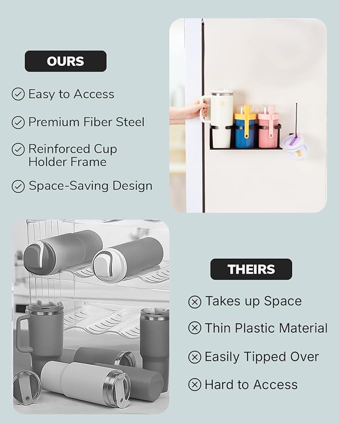HAMARA Fiber Steel Magnetic Stanley Cup Holder for Fridge – 2-Pack Tumbler & Lid Organizer, Heavy-Duty Water Bottle Storage, Kitchen & Pantry Organizer for Stanley Cup Accessories (Black)