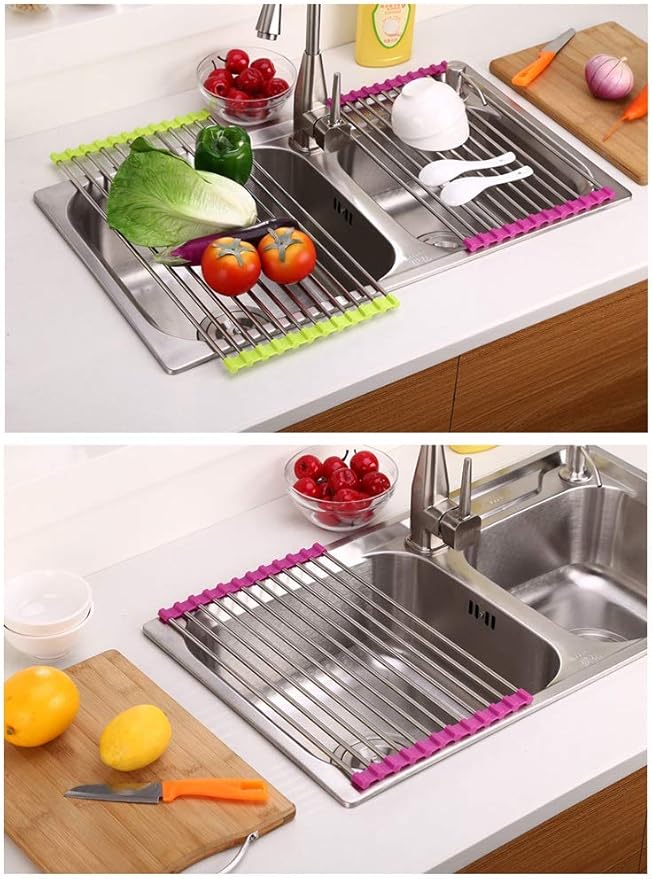 Rollable Dish Drying Rack Roll Up Foldable Dish Racks，Multipurpose Anti-Corrosion 304 Stainless Steel Over Sink Kitchen Sink Drainer Rack for Cups Fruits Vegetables(Pink,28 * 37cm)