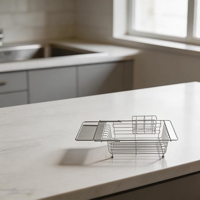 Expandable Stainless Steel Dish Drying Rack with Utensil Holder, Over The Sink Dish Drainer Basket for Kitchen, Space Saving Air Dry Organizer, Silvery, 40.5x18x13cm