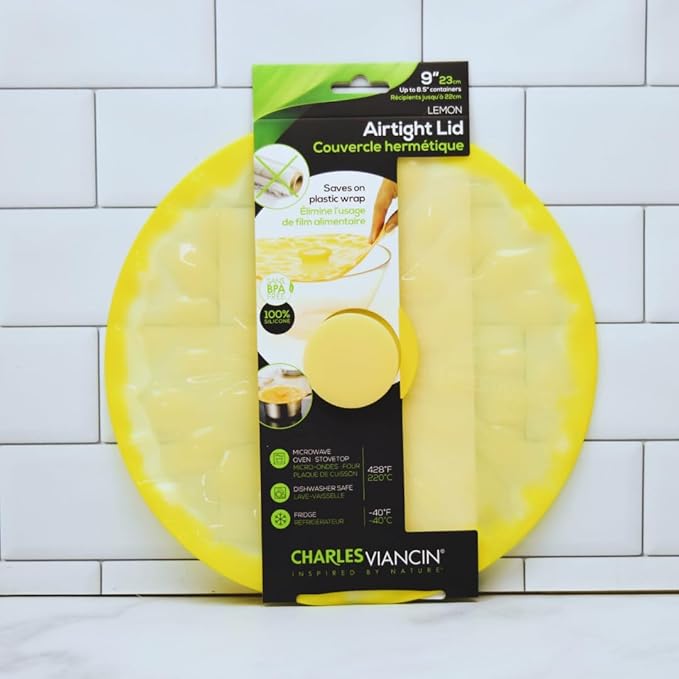 Charles Viancin - Lemon Silicone Lid for Food Storage and Cooking - 9''/23cm - Airtight Seal on Any Smooth Rim Surface - BPA-Free - Oven, Microwave, Freezer, Stovetop and Dishwasher Safe