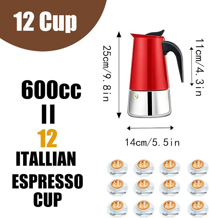 12 Cup Stovetop Espresso Maker Stainless Steel Moka Pot Stove Top Percolator Italian Coffee Makers Capable Mocha Greca Machine Cafe Classic Induction Cookers for Home and Camping 600ml 20oz