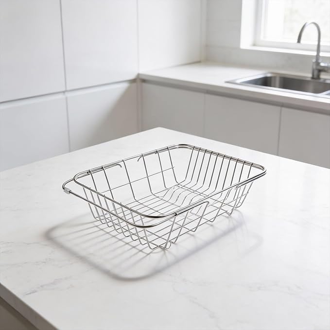 Sink Dish Drying Rack Adjustable Stainless Steel with Non-Slip Rubber Feet Space-Saving Over Sink Design for Kitchen Counter Organization and Utensil Holder(34.5x25x11cm)
