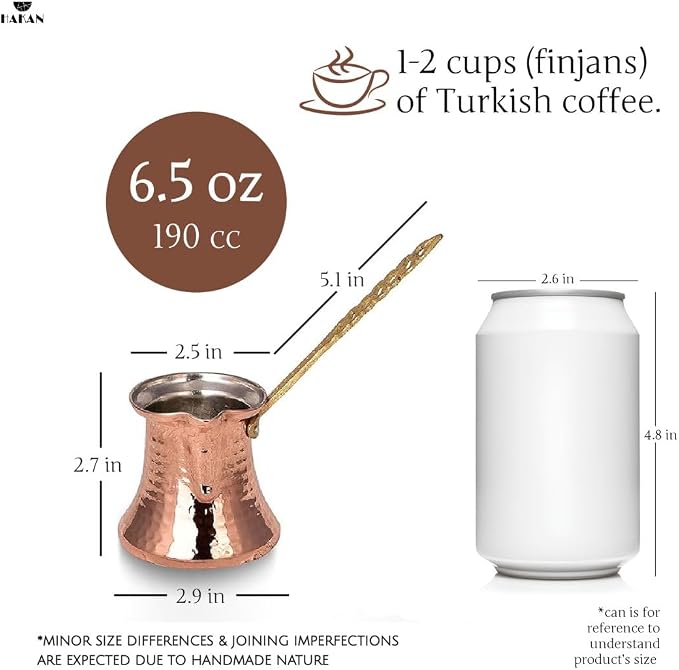 Hakan Turkish Coffee Pot | Stove Top Water Boiler, Coffee Maker, Butter, Chocolate & Milk Warmer | Even and Quick Heat with Handcrafted Copper Material | Coffee Gifts Idea, 6.5 Oz (190 cc)