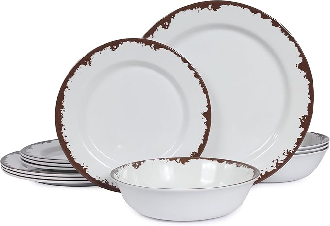 Melamine Dinnerware Set-12 Piece Farmhouse Plates and Bowls Set for 4,Lightweight&Durable Dish Set, Unbreakable Camping/RV Serving Dinner Plates, Dishwasher Safe, Off White