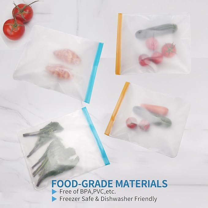 4 Pcs 2 Gallon Reusable Food Storage Freezer Bags, Large Capacity, BPA Free Reusable Food Pouches, Used For Home Food Storage And Camping (Multicolor 4 Pack)