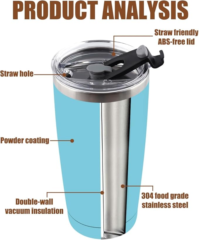 Amtidy 8 Pack 20oz Stainless Steel Tumbler with Lid, Powder Coated Vacuum Insulated Tumbler Cup, With straw and cleaning brushDouble Wall Coffee Tumbler, Powder Coated Travel Mug