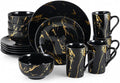 Black and Gold Dinnerware Set 16-Piece – Marble Finish Porcelain Plates and Bowls Sets for 4, Modern Gold Dish Set for Family or Housewarming