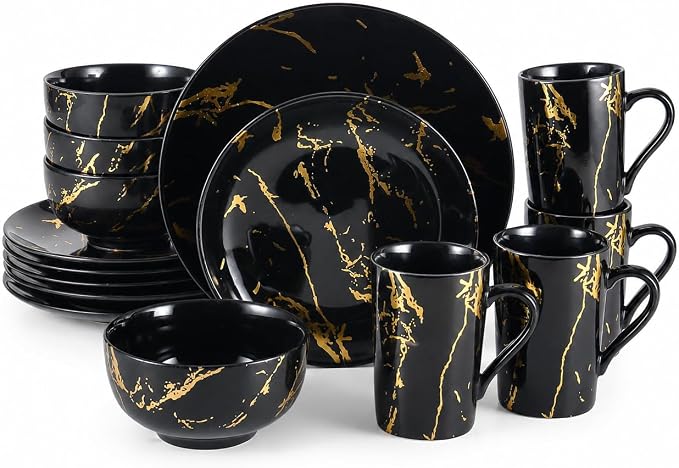 Black and Gold Dinnerware Set 16-Piece – Marble Finish Porcelain Plates and Bowls Sets for 4, Modern Gold Dish Set for Family or Housewarming