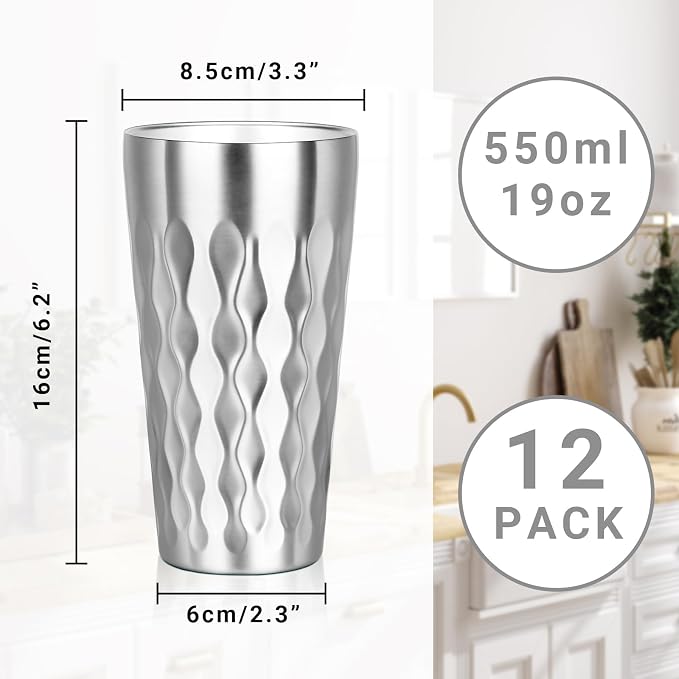 Stainless Steel Drinking Glasses, 19 oz Insulated Tumbler, 12 Pack Double Wall Unbreakable Stackable Water Tumblers Premium Insulated Metal Cup for Travel Camping Home Outdoor Gifts