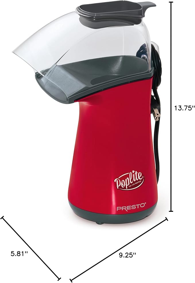 Presto 04863 Poplite Hot Air Popcorn Popper - Built-In Measuring Cup + Melts Butter, Easy to Clean, Built-In Cord Wrap, 18 Cups, Red