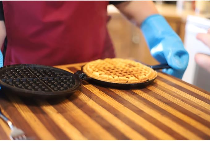 Lehmans Cast Iron Waffle Maker - Two Piece Hinged Non-Electric Waffle Iron for Stovetop or Grill Makes 7 inch Round Waffles - Non-Drip Double Rim - 8 pounds