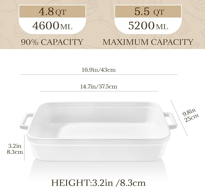 5.5 Quart Casserole Dish,Large Baking Dish Cookware,14.7x10 Inch Deep Lasagna Pan for Oven,Ceramic Bakeware for Baking, Easy to Clean,(White)