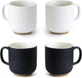 Black and White Ceramic Coffee Mugs Set of 4 (12 oz) Large Ceramic Coffee Cups Set Ribbed Coffee Mugs Set, Big Mugs Set with Handle Suitable for Latte, Cappuccino, Milk, Cocoa, Tea, Juice