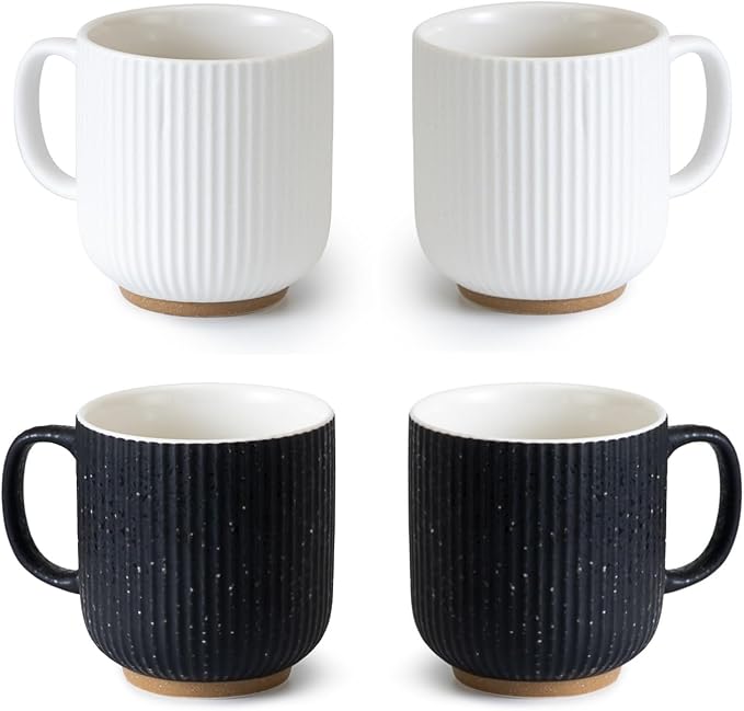 Black and White Ceramic Coffee Mugs Set of 4 (12 oz) Large Ceramic Coffee Cups Set Ribbed Coffee Mugs Set, Big Mugs Set with Handle Suitable for Latte, Cappuccino, Milk, Cocoa, Tea, Juice