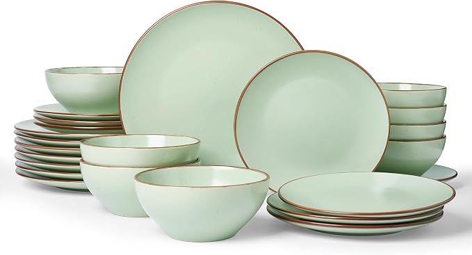 Famiware Venus Plates and Bowls Sets with Trim, 24 Pieces Speckled Stoneware Dinnerware Set for 8, Light Green - Microwave & Dishwasher Safe, Modern Minimalist, Dishes for Everyday & Formal Use