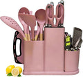 Kitchen Utensils and Knives Set, 20PCS Knife and Cooking Spoon Tools Set with Storage Holder, Sharp Stainless Steel Knife Sets with Bread, Chef Knife (Pink)