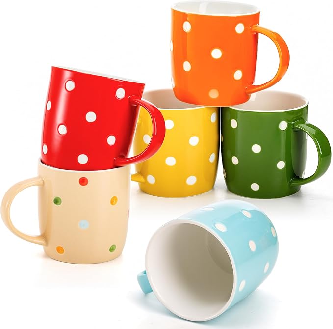 Elsjoy 6 Pack Polka Dot Coffee Mugs, 12 Oz Ceramic Coffee Mugs Colorful Porcelain Mug Set for Coffee, Tea, Milk, Hot Chocolate