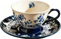 fanquare Vintage Silhouette Flowers Tea Cup and Saucer, 7 oz Blue and Beige Porcelain Coffee Cup, Large Teacups for Women Home Wedding
