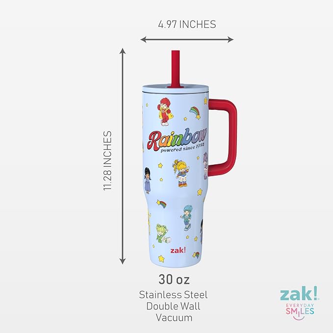 Zak Designs Rainbow Brite Sutton Travel Tumbler for On the Go, 30oz Stainless Steel with Vacuum Insulation, Silicone Straw, and Carry Handle for Cold Drinks (Rainbow Brite, Color Kids)