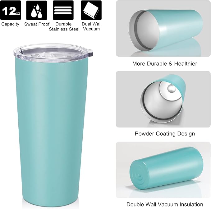 VEGOND 20oz Tumbler Bulk with Lid and Straw 12 Pack, Stainless Steel Vacuum Insulated Tumbler, Double Wall Coffee Cup Travel Mug, River Green