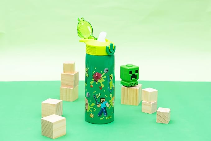 Zak Designs Minecraft Sage Kids Water Bottle For School or Travel, 19oz Stainless Steel Water Bottle With Straw, Handle, and Leak-Proof, Pop-Up Spout Cover (Steve, Alex, Mobs)