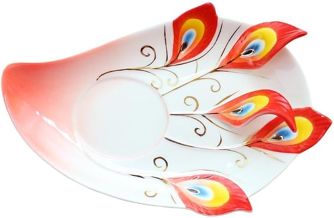 vanki 1 pc Collectable Fine Arts China Porcelain Tea Cup and Saucer Coffee Cup Peacock Theme Romantic Creative Present,Red