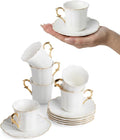 BTaT- Turkish Coffee Cup Set, 3 oz, 6 Set (12 pcs) | Elegant White Cups Saucers Gold Trim Espresso Set Greek Arabic Turkish Coffee Gift Use