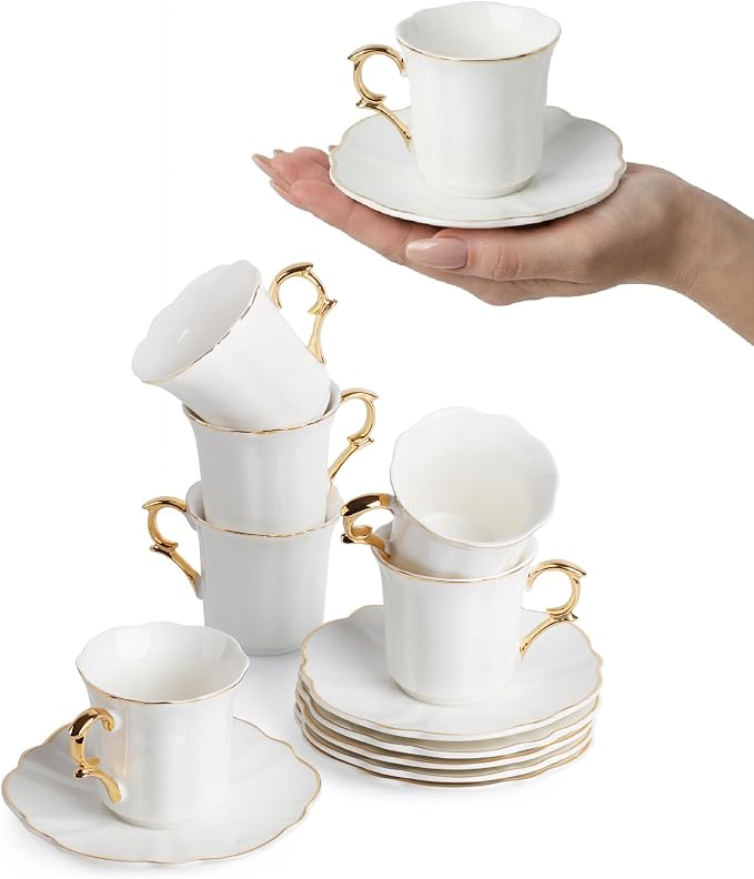 BTaT- Turkish Coffee Cup Set, 3 oz, 6 Set (12 pcs) | Elegant White Cups Saucers Gold Trim Espresso Set Greek Arabic Turkish Coffee Gift Use