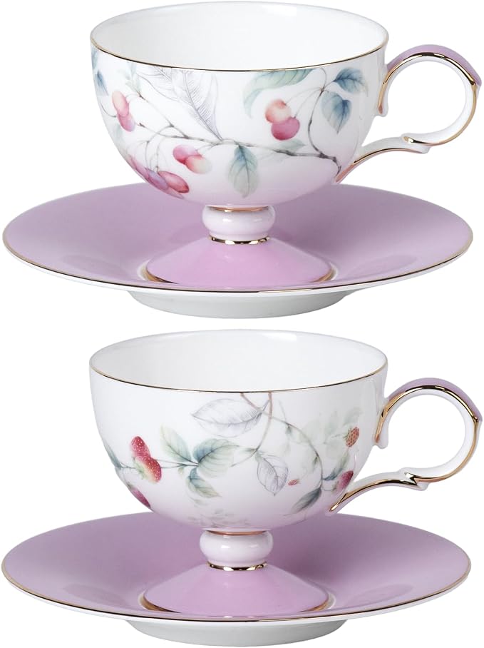 KAMMAK Ceramic Coffee Cups Saucers Set of 2, Porcelain Espresso Cup with Saucer, 6.76 oz Handmade Elegant Bone China Tea Cups, Ceramic Floral Pattern Demitasse Cup for Latte, Americano, Cappuccino