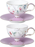 KAMMAK Ceramic Coffee Cups Saucers Set of 2, Porcelain Espresso Cup with Saucer, 6.76 oz Handmade Elegant Bone China Tea Cups, Ceramic Floral Pattern Demitasse Cup for Latte, Americano, Cappuccino