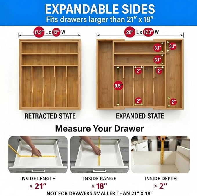 Expandable Bamboo Drawer Organizer Tray for Kitchen Utensils, Adjustable Cutlery Organizer with 7-9 Compartments, 13" to 20" Wide Wood Drawer Divider for Home