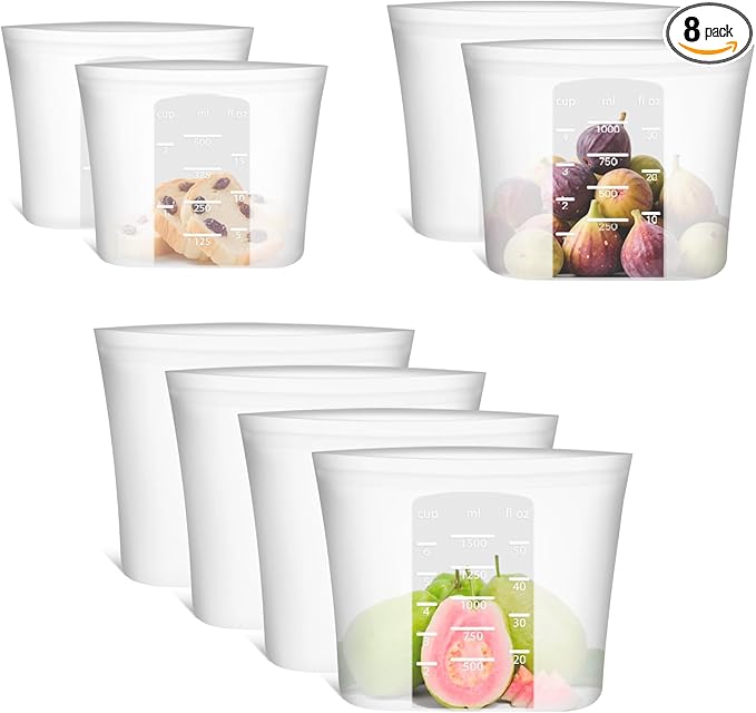 8-Pack Reusable Silicone Food Storage Bags, 100% Silicone Stand-Up Wide-Open Zip-Lock Reusable Storage Bags for Food, Freezer Microwave Oven Dishwasher Safe, Translucent, 4M 2S 2XS