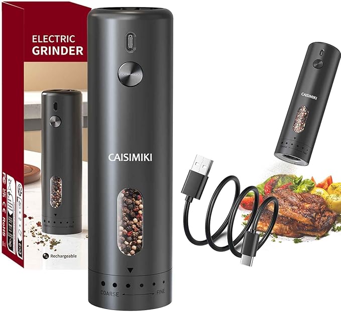 Large Capacity Rechargeable Electric Pepper Grinder 2025 New Pepper Mill USB Black Automatic Pepper Mill Adjustable Coarseness Salt Shakers with LED Light One Hand