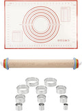 16.7" Wood Rolling Pin with Thickness Rings, Adjustable Wooden Rolling Pins for Cookie Pastry Tools, Dough Roller Pins with 1PCS Silicone Pastry Mat & 11PCS Stainless Steel Cookie Cutters