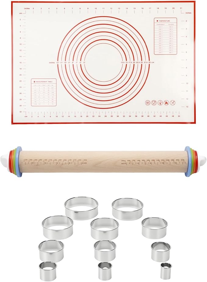 16.7" Wood Rolling Pin with Thickness Rings, Adjustable Wooden Rolling Pins for Cookie Pastry Tools, Dough Roller Pins with 1PCS Silicone Pastry Mat & 11PCS Stainless Steel Cookie Cutters