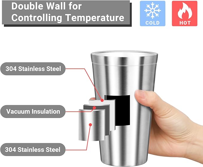 Stainless Steel Cup, 16 oz Insulated Tumbler, 8 Pack Double Wall Unbreakable Stackable Water Tumblers Insulated Metal Cup Premium Drinking Glasses for Travel Camping Home Outdoor