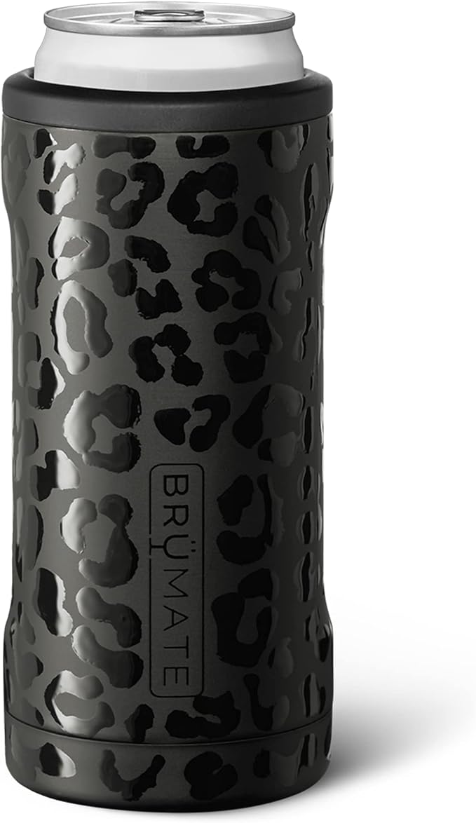 BrüMate Hopsulator Slim Can Cooler Insulated for 12oz Slim Cans | Skinny Can Insulated Stainless Steel Drink Holder for Hard Seltzer, Beer, Soda, and Energy Drinks (Onyx Leopard)