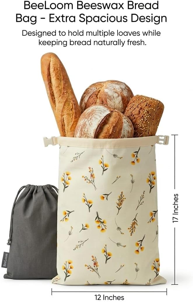 Bread Bags XL (Set of 2) – Reusable Beeswax Bread Bag for Homemade & Sourdough Bread – 100% Cotton with Beeswax Lining – Eco-Friendly Bread Storage Bag – Keeps Bread Fresh Longer